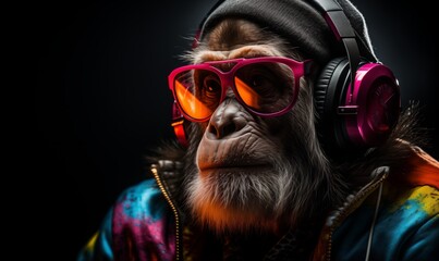 Chimpanzee in bright informal clothes wearing big professional headphones, in neon light. Closeup...