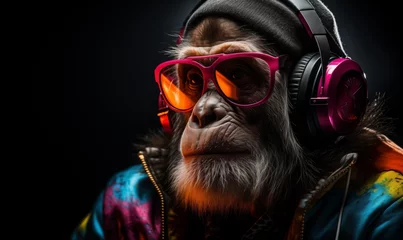 Rolgordijnen Chimpanzee in bright informal clothes wearing big professional headphones, in neon light. Closeup studio portrait. © paffy