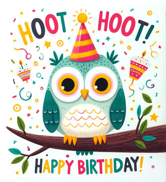 Owl themed birthday card, funny owl with party hat on a branch