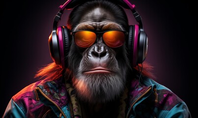 Chimpanzee in bright informal clothes wearing big professional headphones, in neon light. Closeup studio portrait.