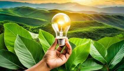 hand holding light bulb against nature on green leaf with energy sources sustainable developmen and responsible environmental energy sources for renewable ecology concept - obrazy, fototapety, plakaty
