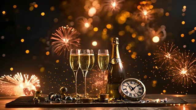 Happy New Year!Champagne for festive cheers with gold sparkling bokeh background. Glasses of sparkling wine in front of tender bright gold bokeh. Horizontal background for celebrations and invitation 