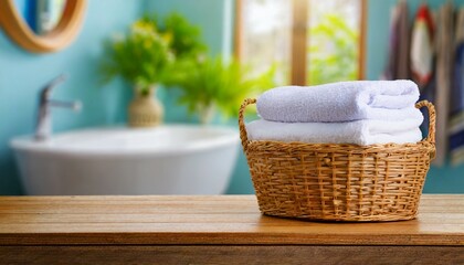 towel in basket on wooden table over blurred bathroom background - obrazy, fototapety, plakaty