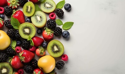 Assorted fresh berries and kiwifruits on a white background