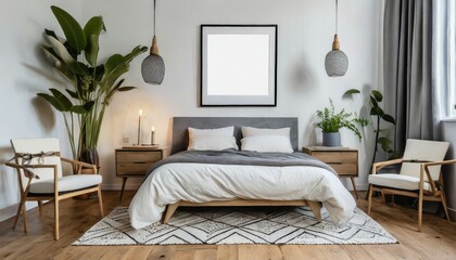 empty square frame for print or poster mockup on white wall in modern neutral gray bedroom interior with wood floor rug with geometric pattern bedside tables lamps decor and plants