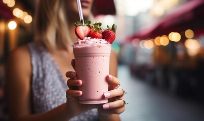 Closeup of a woman holding a healthy pink smoothie, street photography - Powered by Adobe