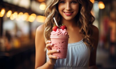 Closeup of a woman holding a healthy pink smoothie, street photography. Young adult enjoying a delightful frozen dessert with a sweet smile.