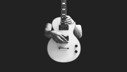 BW male musician posing on white electric guitar, isolated on black. music background - 696073276