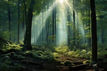 A dense forest canopy with sunlight streaming through, creating patterns of light and shadow on the forest floor.