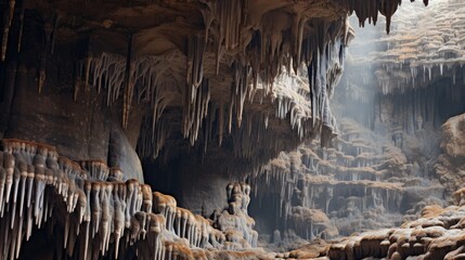 Stalactites in a large cave 