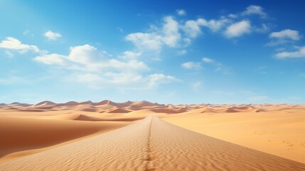 A desert highway stretching into the horizon, surrounded by golden sand dunes and a clear blue sky.
