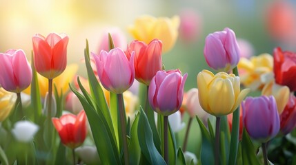 vibrant beauty of spring with a closeup of fresh tulip flowers on a lush green background.