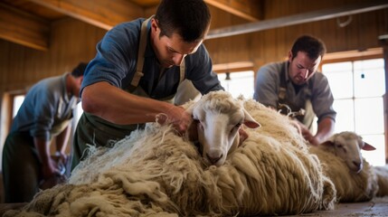 Obraz na płótnie Canvas Men shearing sheep