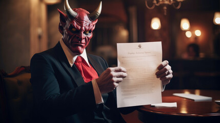 A pact with the devil. The devil holds a document in his hands - obrazy, fototapety, plakaty