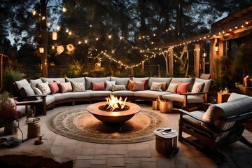 A backyard fire pit surrounded by comfortable seating, casting a warm glow as friends gather for an evening of storytelling and laughter.