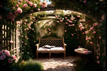 A secret garden hidden behind a trellis of climbing roses,  a cozy reading nook bathed in soft, dappled sunlight.