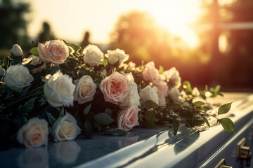 Funeral and mourning concept - fresh rose flowers on coffin at funeral - obrazy, fototapety, plakaty