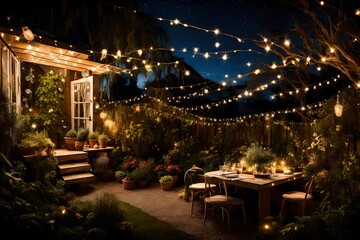 An enchanting backyard garden illuminated by fairy lights, creating a magical atmosphere under the starry night sky.