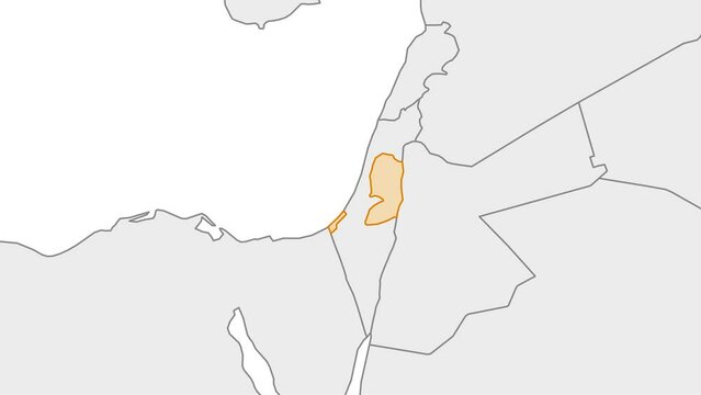 Animation of Palestine country map on the world map. Animation of map zoom in with border and marking of major cities and capital of the country Palestine. Background with alpha channel. Motion design