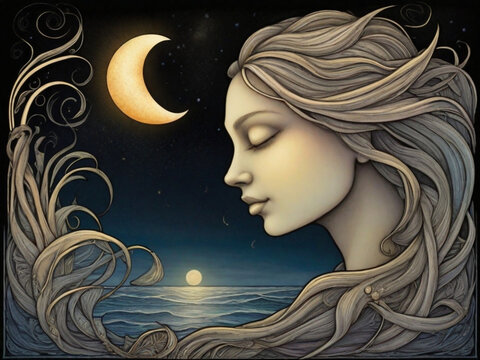 Vetor de uma mulher e uma lua crescente