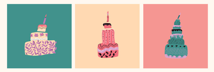 Vector set of illustrations of festive multi-colored cakes. A set of cartoon style elements for the design of greeting cards, children's parties.