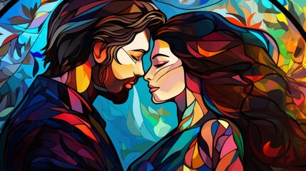 Stained glass window background with colorful Couple in love abstract.