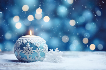Fototapeta na wymiar Christmas Winter Advent Candle on Blue Background with Magic Bokeh Lights