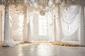A dynamic explosion of confetti and streamers, creating a breathtaking display against a clean, white New Year's setting.