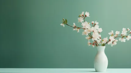 Foto op Plexiglas Frühlingsstrauß in einer hellen Vase vor grünem Hintergrund, minimalistische und elegante Osterdekoration, wallpaper © Stefan