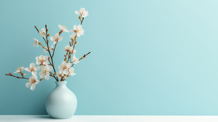 Frühlingsstrauß in einer hellen Vase vor hellblauem Hintergrund, minimalistische und elegante Osterdekoration, wallpaper - obrazy, fototapety, plakaty