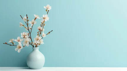 Deurstickers Frühlingsstrauß in einer hellen Vase vor hellblauem Hintergrund, minimalistische und elegante Osterdekoration, wallpaper © Stefan