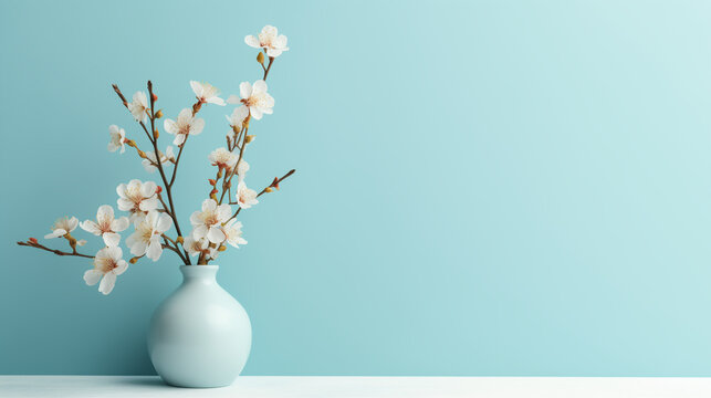 Frühlingsstrauß in einer hellen Vase vor hellblauem Hintergrund, minimalistische und elegante Osterdekoration, wallpaper