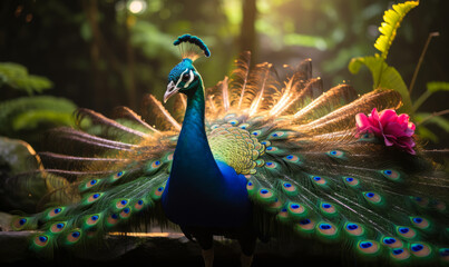 Obraz premium Majestic Peacock Displaying Vibrant Plumage in Enchanted Forest Sunlight