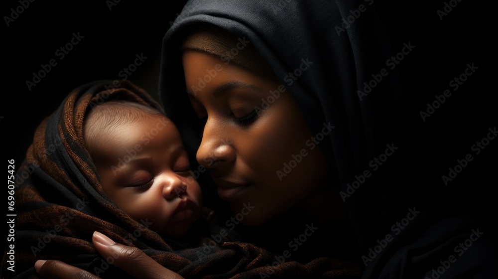 Wall mural a woman holding a baby in her arms with dark background, ai