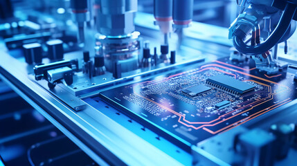 Component Installation and Quality Control of Circuit Board. Fully Automated PCB Assembly Line Equipped with High Precision Robot Arms at Electronics Factory. Electronic Devices Manufacturing Industry
