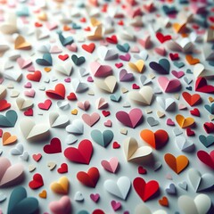 Love background of many small paper hearts congratulations on Valentine's Day