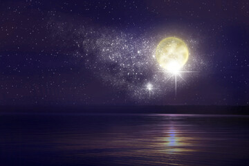 Beautiful full moon in starry sky over sea at night