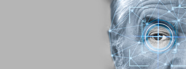 Facial and iris recognition. Man with digital biometric grid and scan, closeup. Banner design with...