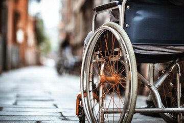Lack of accessibility in public places. Closeup disabled man on wheel chair outdoor - obrazy, fototapety, plakaty