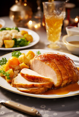 Glazed roasted meat with gravy and stuffing sliced on a plate. Festive table background. Vertical, close-up, side view.