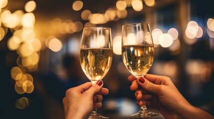 hands toasting with champagne glasses on blurred background with golden bokeh, christmas concept