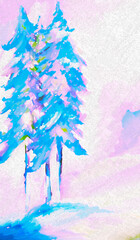 christmas trees in the wild in blue, green, purple and pink art, artwork, digital painting, illustrations, design, 