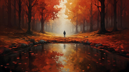 Obraz premium Autumn painting of a Person in forest surrounded by vibrant red leaves on trees and ground.