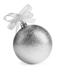 Beautiful silver Christmas ball with bow isolated on white