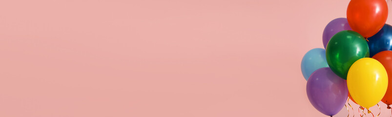 Many balloons on pink background. Banner design with space for text