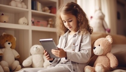 Close up portrait of little cute child baby plays with digital devices and plush toy on background child room. Represent Gen Alpha using digital devices in their daily lives - obrazy, fototapety, plakaty