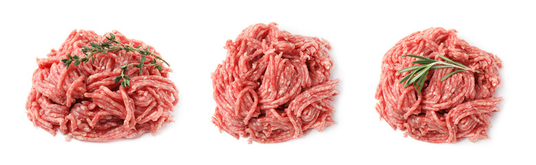 Fresh ground meat on white background, set