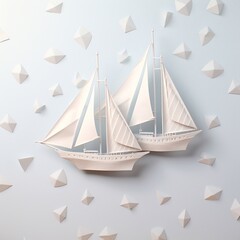 Obraz premium Creative image of white origami ships close-up, representing concept for success leadership of business on light background for web banner and card