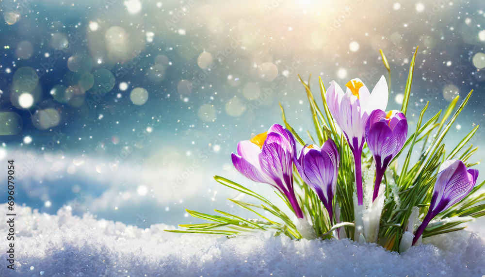 Canvas Prints Crocuses in the snow. First spring flowers. Easter background.