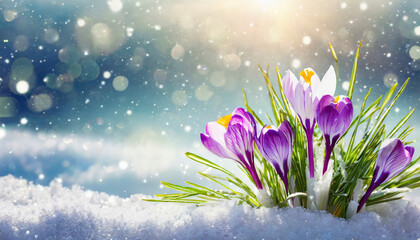 Crocuses in the snow. First spring flowers. Easter background.